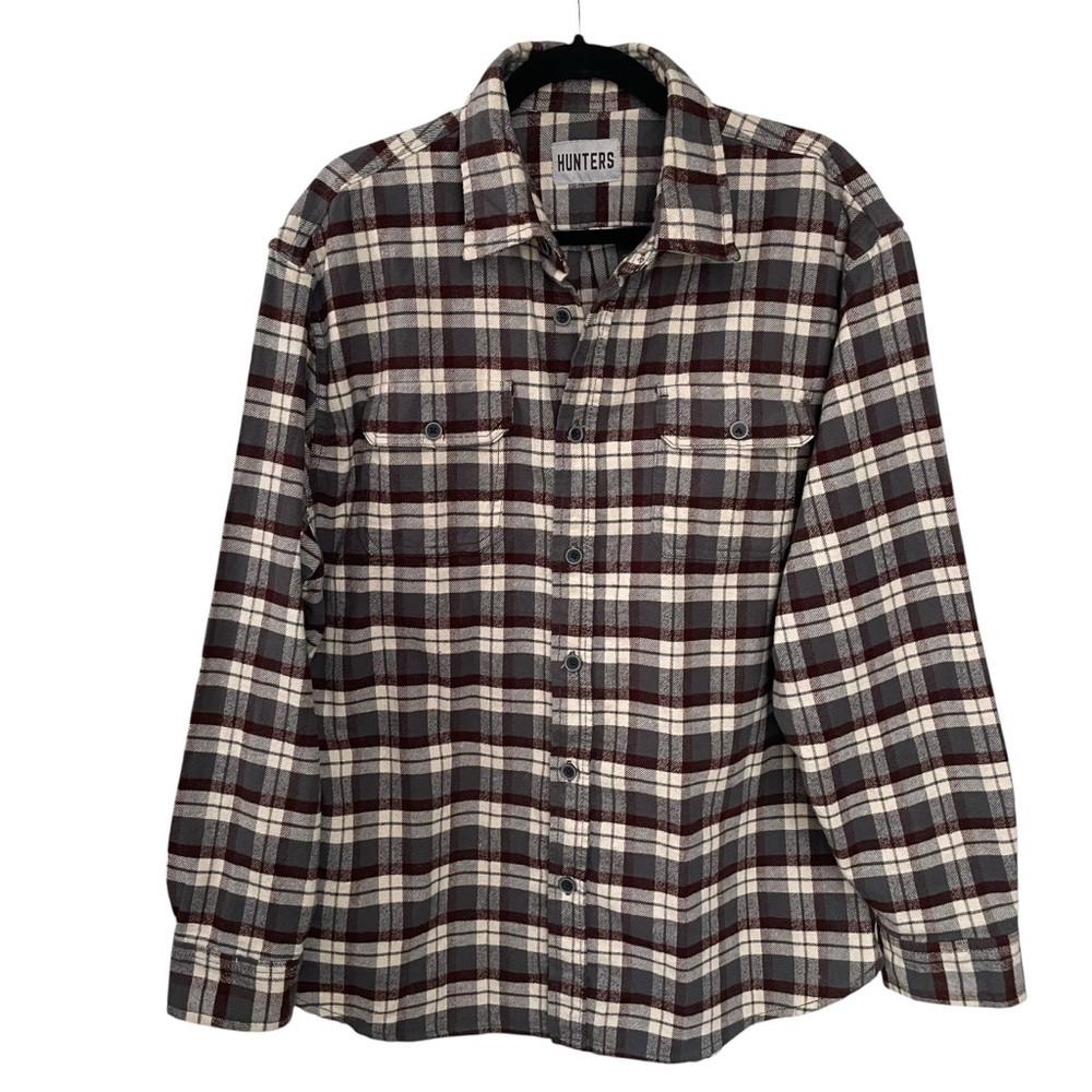 Hunters Men's Cotton Flannel Plaid Button-Down Shirt Cream Grey Brown XL